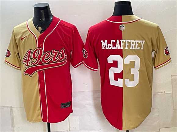 Mens San Francisco 49ers #23 Christian McCaffrey Gold Red Split Stitched Jersey->san francisco 49ers->NFL Jersey