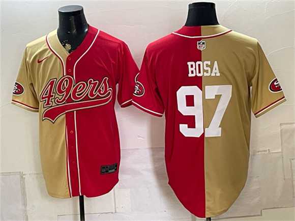 Mens San Francisco 49ers #97 Nick Bosa Gold Red Split Stitched Jersey->san francisco 49ers->NFL Jersey