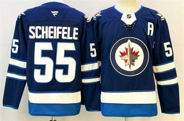 Mens Winnipeg Jets #55 Mark Scheifele Navy 2024-25 With A Patch Home Stitched Hockey Jersey