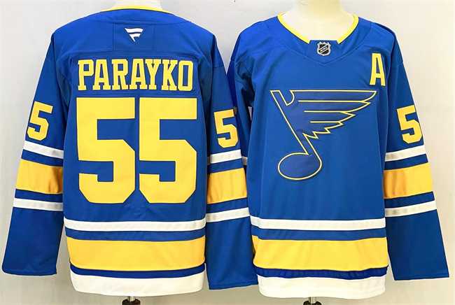 Men%27s St. Louis Blues #55 Colton Parayko Blue 2025 With A Patch Stitched Hockey Jersey->st.louis blues->NHL Jersey