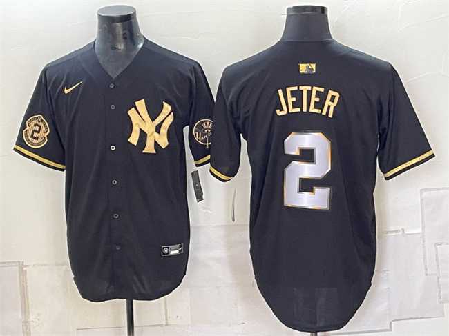Men%27s New York Yankees #2 Derek Jeter Black Gold With Patch Limited Stitched Jersey Dzhi->new york mets->MLB Jersey