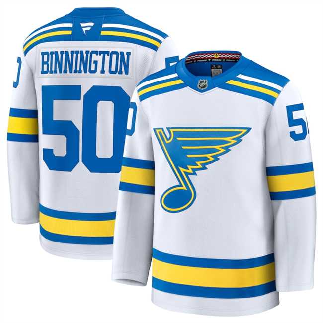 Men%27s St. Louis Blues #50 Jordan Binnington White 2024-25 Away Stitched Hockey Jersey Dzhi->new york rangers->NHL Jersey