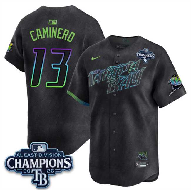 Men%27s Tampa Bay Rays #13 Junior Caminero Charcoal 2026 AL East Champions Patch City Connect Limited Stitched Jersey Dzhi->tampa bay rays->MLB Jersey