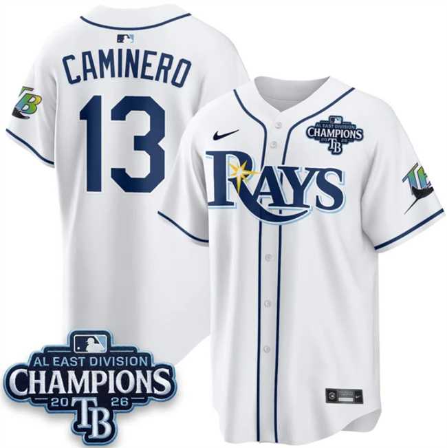 Men%27s Tampa Bay Rays #13 Junior Caminero White 2026 AL East Champions Patch Limited Stitched Jersey Dzhi->tampa bay rays->MLB Jersey