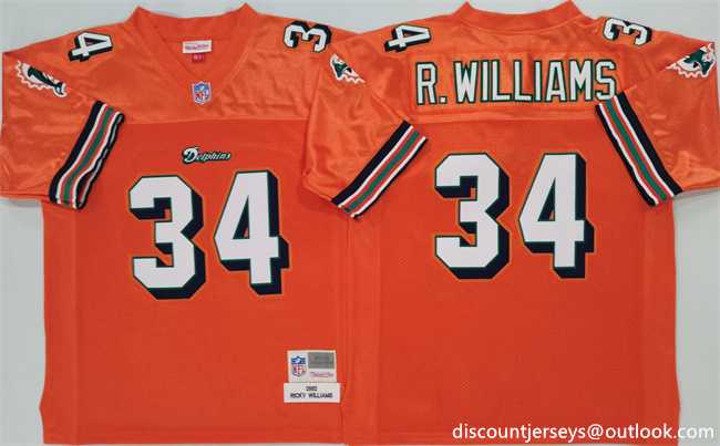 Mens Miami Dolphins #34 Ricky Williams Orange Throwback Stitched Football Jersey->nfl m&n throwback->NFL Jersey