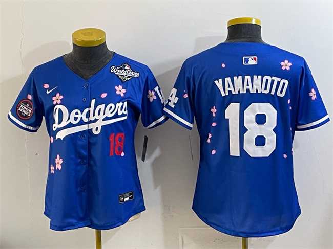 Women%27s Los Angeles Dodgers #18 Yoshinobu Yamamoto Royal 2025 World Series Patch Tokyo Series Limited Stitched Jersey->mlb womens jerseys->MLB Jersey