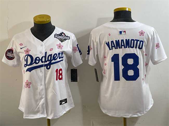 Women%27s Los Angeles Dodgers #18 Yoshinobu Yamamoto White 2025 World Series Patch Tokyo Series Limited Stitched Jersey->mlb womens jerseys->MLB Jersey