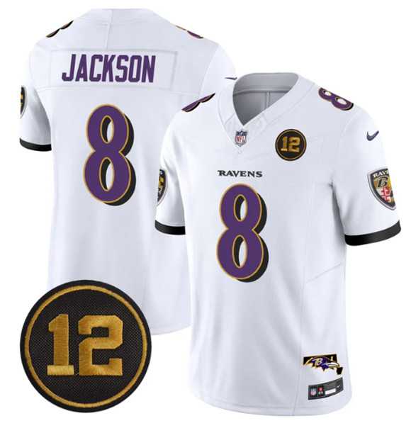 Men%27s Baltimore Ravens #8 Lamar Jackson White 2025 F.U.S.E Jacoby Jones Patch Vapor Limited Jersey Dzhi->baltimore ravens->NFL Jersey