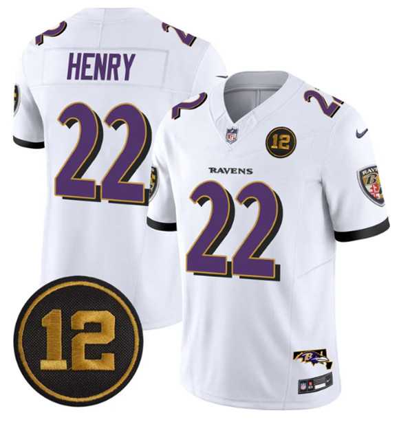 Men%27s Baltimore Ravens #22 Derrick Henry White 2025 F.U.S.E Jacoby Jones Patch Vapor Limited Jersey Dzhi->buffalo bills->NFL Jersey