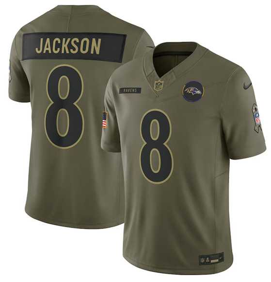 Men%27s Baltimore Ravens #8 Lamar Jackson Olive 2025 Salute to Service Limited Stitched Jersey Dyin->baltimore ravens->NFL Jersey