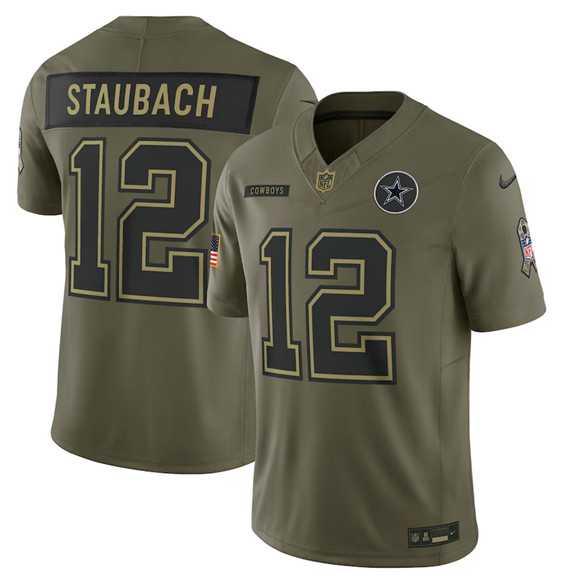 Mens Dallas Cowboys #12 Roger Staubach Olive 2025 Salute to Service Limited Stitched Jersey Dyin->dallas cowboys->NFL Jersey