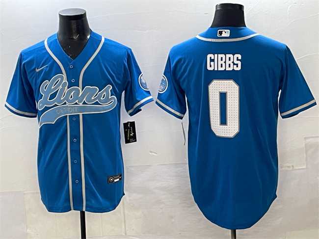Mens Detroit Lions #0 Jahmyr Gibbs Blue Cool Base Stitched Baseball Jersey->detroit lions->NFL Jersey