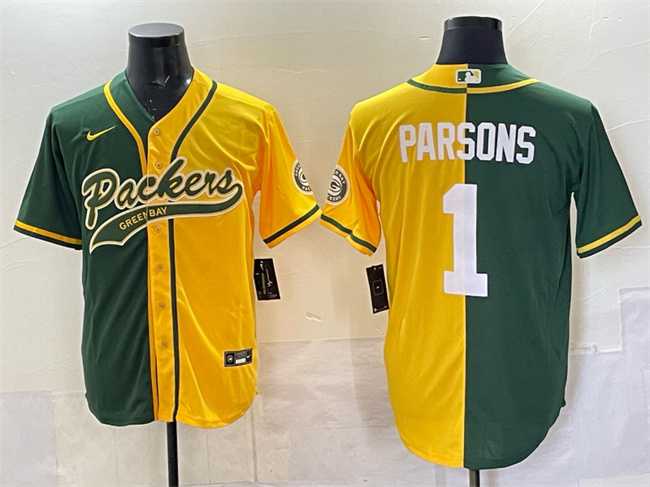 Men%27s Green Bay Packers #1 Micah Parsons Green Gold Split Cool Base Stitched Baseball Jersey->green bay packers->NFL Jersey