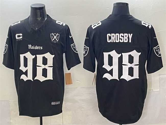 Mens Las Vegas Raiders #98 Maxx Crosby Black F.U.S.E. Gothic Sin City Shadows Edition With 65th Anniversary 3-Star C Patch Vapor Untouchable Limited Stitched Jersey->las vegas raiders->NFL Jersey