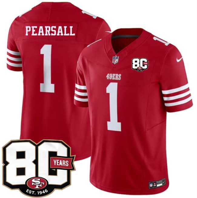 Men%27s San Francisco 49ers #1 Ricky Pearsall Red 80th Anniversary Patch 2026 F.U.S.E. Vapor Untouchable Limited Stitched Jersey Dzhi->new england patriots->NFL Jersey