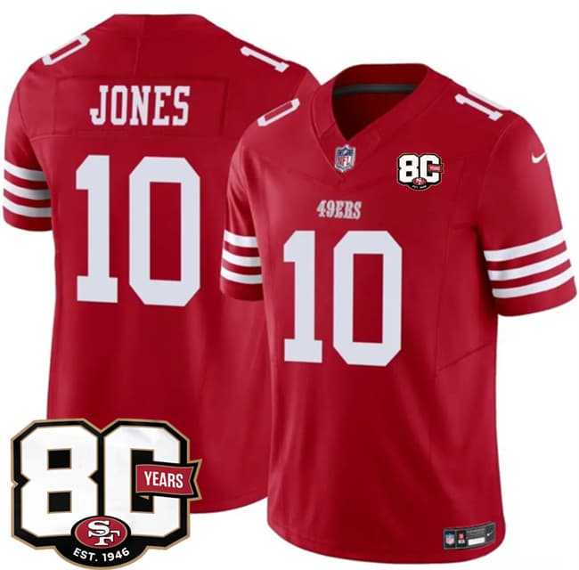 Men%27s San Francisco 49ers #10 Mac Jones Red 80th Anniversary Patch 2026 F.U.S.E. Vapor Untouchable Limited Stitched Jersey Dzhi->san francisco 49ers->NFL Jersey
