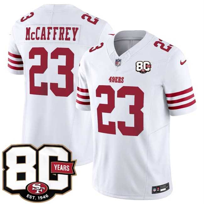 Men%27s San Francisco 49ers #23 Christian McCaffrey White 80th Anniversary Patch 2026 F.U.S.E. Vapor Untouchable Limited Stitched Jersey Dzhi->san francisco 49ers->NFL Jersey