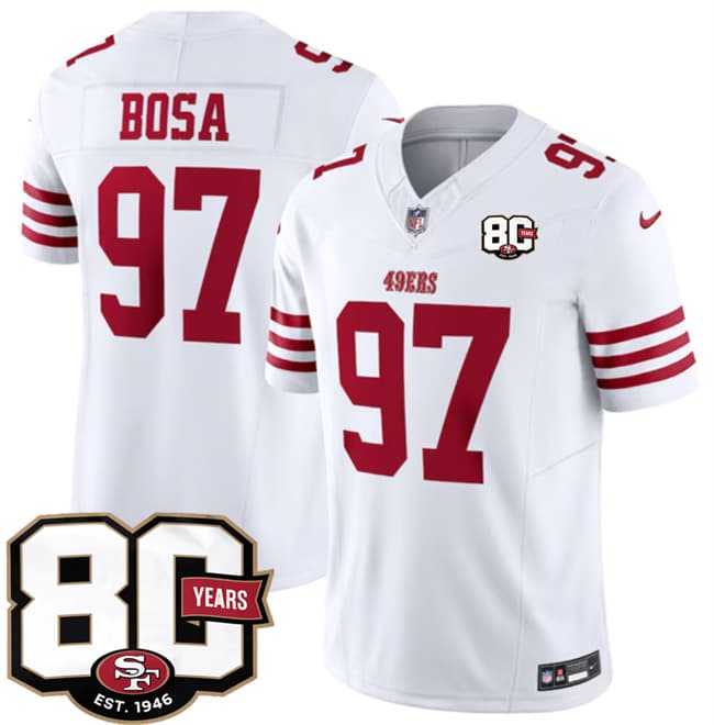 Men%27s San Francisco 49ers #97 Nick Bosa White 80th Anniversary Patch 2026 F.U.S.E. Vapor Untouchable Limited Stitched Jersey Dzhi->san francisco 49ers->NFL Jersey