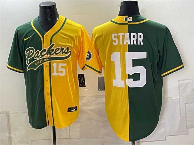 Men%27s Green Bay Packers #15 Bart Starr Green Gold Split Cool Base Stitched Baseball Jersey Dzhi->houston texans->NFL Jersey