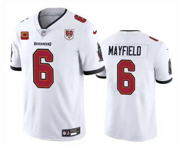 Men & Women & Youth Tampa Bay Buccaneers #6 Baker Mayfield White 2025 50th Anniversary Patch And 4-Star C Patch Vapor Untouchable Limited Stitched Jersey->tampa bay buccaneers->NFL Jersey