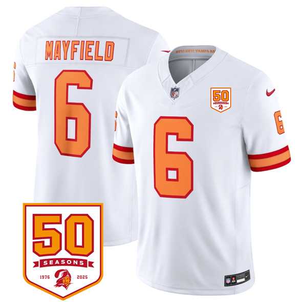 Men & Women & Youth Tampa Bay Buccaneers #6 Baker Mayfield White 2025 F.U.S.E. 50th Anniversary Patch Vapor Untouchable Limited Stitched Jersey->tampa bay buccaneers->NFL Jersey