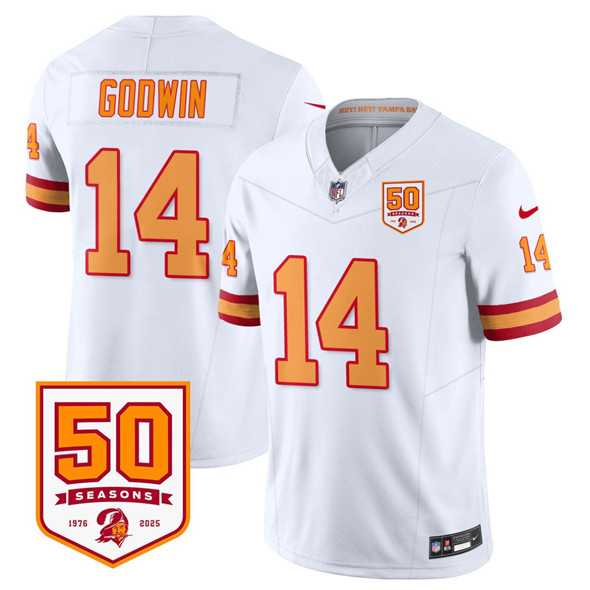 Men & Women & Youth Tampa Bay Buccaneers #14 Chris Godwin White 2025 F.U.S.E. 50th Anniversary Patch Vapor Limited Stitched Jersey->tampa bay buccaneers->NFL Jersey