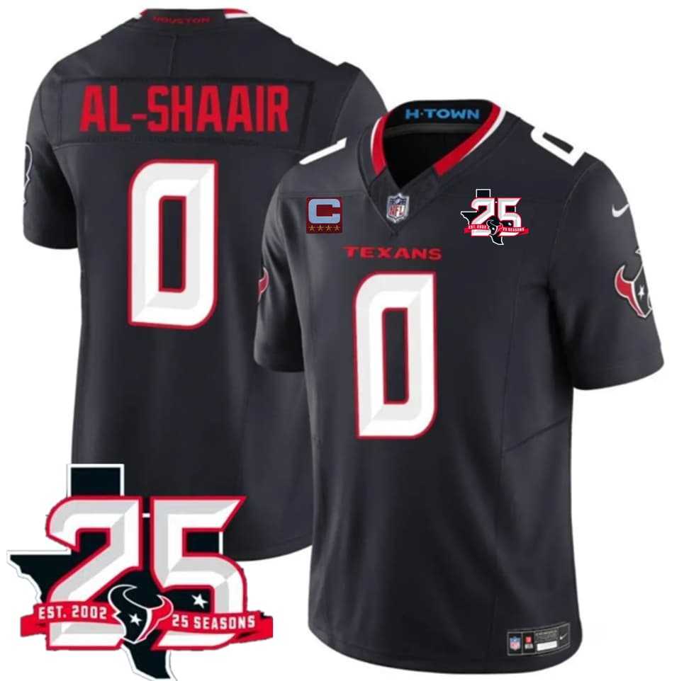 Men%27s Houston Texans #0 Azeez Al-Shaair Navy 2nd Alternate 2026 With 25th Anniversary Patch And 4-Star C Patch F.U.S.E. Vapor Limited Stitched Jersey->green bay packers->NFL Jersey