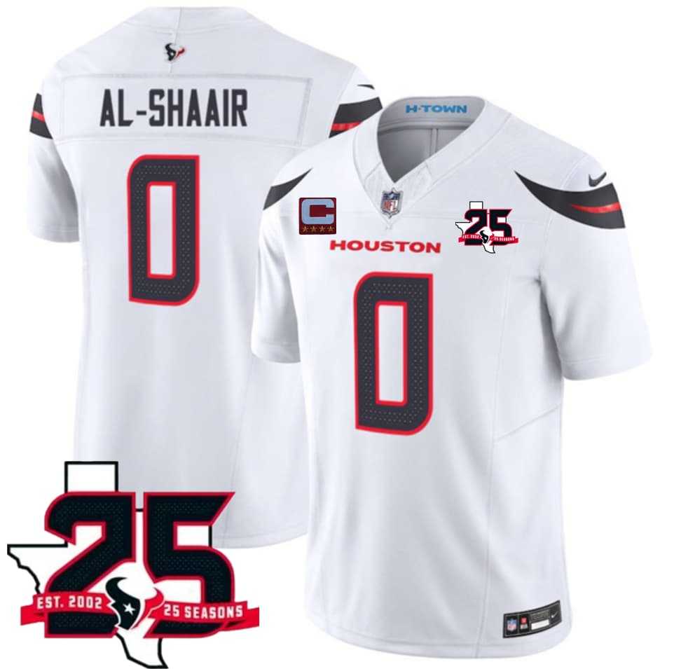 Men%27s Houston Texans #0 Azeez Al-Shaair White 2026 With 25th Anniversary Patch And 4-Star C Patch F.U.S.E. Vapor Limited Stitched Jersey->houston texans->NFL Jersey