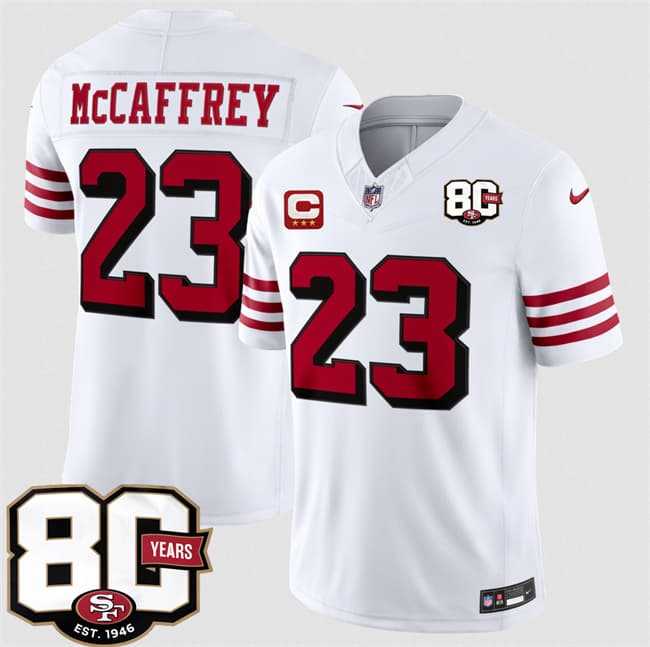 Mens San Francisco 49ers #23 Christian McCaffrey New White 2026 F.U.S.E. With 80th Anniversary & 3-Star C Patch Vapor Untouchable Limited Stitched Jersey->san francisco 49ers->NFL Jersey