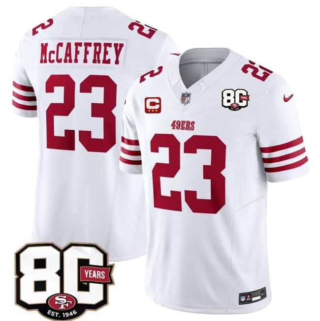 Mens San Francisco 49ers #23 Christian McCaffrey White 2026 F.U.S.E. With 80th Anniversary & 3-Star C Patch Vapor Untouchable Limited Stitched Jersey->san francisco 49ers->NFL Jersey