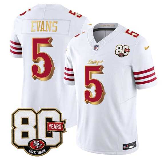 Mens San Francisco 49ers #5 Mike Evans White Gold 80th Anniversary Patch Rivalries 2026 F.U.S.E. Vapor Untouchable Limited Stitched Jersey->san francisco 49ers->NFL Jersey