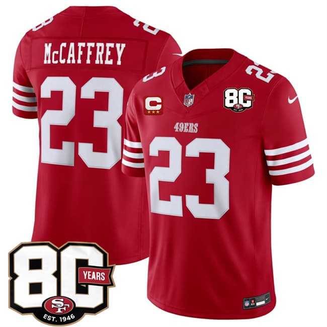 Mens San Francisco 49ers #23 Christian McCaffrey Red 2026 F.U.S.E. With 80th Anniversary & 3-Star C Patch Vapor Untouchable Limited Stitched Jersey->san francisco 49ers->NFL Jersey