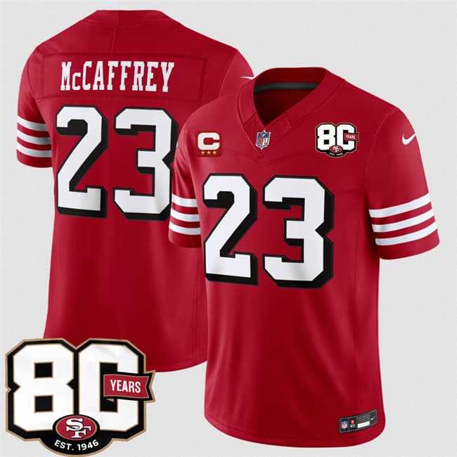 Mens San Francisco 49ers #23 Christian McCaffrey New Red 2026 F.U.S.E. With 80th Anniversary & 3-Star C Patch Vapor Untouchable Limited Stitched Jersey->san francisco 49ers->NFL Jersey