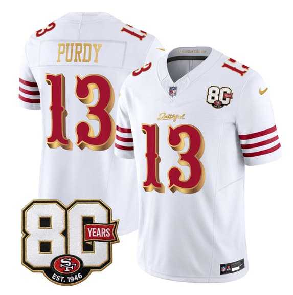 Mens San Francisco 49ers #13 Brock Purdy White Gold 80th Anniversary Patch Rivalries 2026 F.U.S.E. Vapor Untouchable Limited Stitched Jersey->san francisco 49ers->NFL Jersey