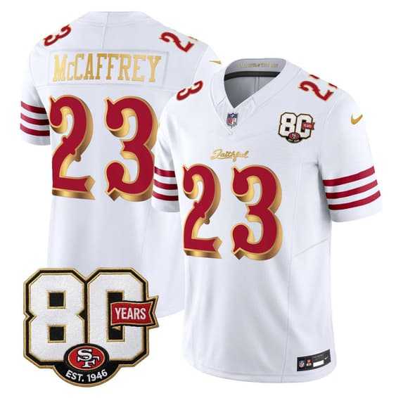 Mens San Francisco 49ers #23 Christian McCaffrey White Gold 80th Anniversary Patch Rivalries 2026 F.U.S.E. Vapor Untouchable Limited Stitched Jersey->san francisco 49ers->NFL Jersey