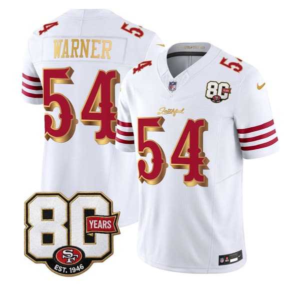 Mens San Francisco 49ers #54 Fred Warner White Gold 80th Anniversary Patch Rivalries 2026 F.U.S.E. Vapor Untouchable Limited Stitched Jersey->san francisco 49ers->NFL Jersey