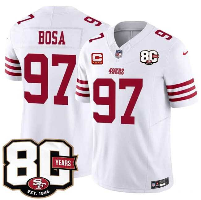 Mens San Francisco 49ers #97 Nick Bosa White 2026 F.U.S.E. With 80th Anniversary & 4-Star C Patch Vapor Untouchable Limited Stitched Jersey->san francisco 49ers->NFL Jersey