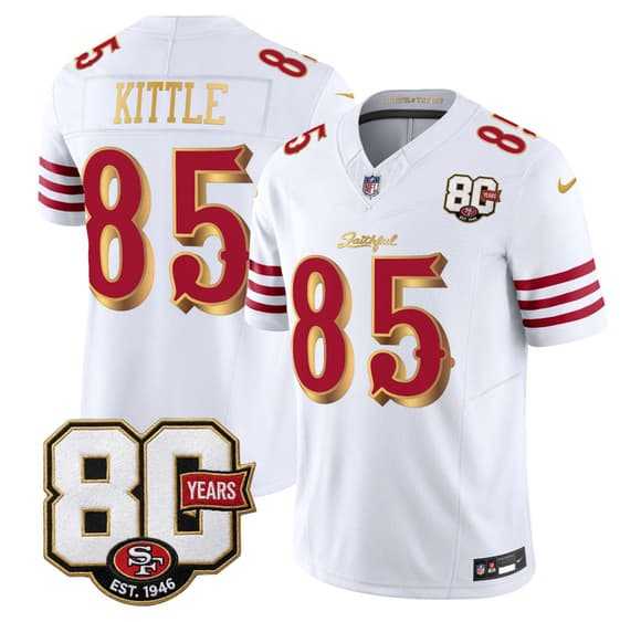 Mens San Francisco 49ers #85 George kittle White Gold 80th Anniversary Patch Rivalries 2026 F.U.S.E. Vapor Untouchable Limited Stitched Jersey->san francisco 49ers->NFL Jersey