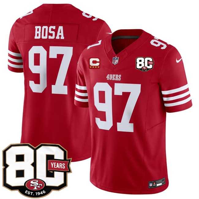 Mens San Francisco 49ers #97 Nick Bosa Red 2026 F.U.S.E. With 80th Anniversary & 4-Star C Patch Vapor Untouchable Limited Stitched Jersey->san francisco 49ers->NFL Jersey