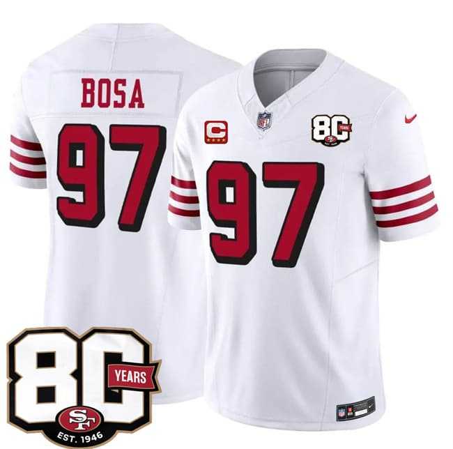 Mens San Francisco 49ers #97 Nick Bosa New White 2026 F.U.S.E. With 80th Anniversary & 4-Star C Patch Vapor Untouchable Limited Stitched Jersey->san francisco 49ers->NFL Jersey