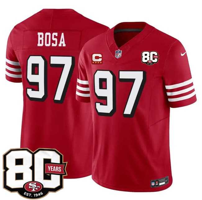 Mens San Francisco 49ers #97 Nick Bosa New Red 2026 F.U.S.E. With 80th Anniversary & 4-Star C Patch Vapor Untouchable Limited Stitched Jersey->san francisco 49ers->NFL Jersey