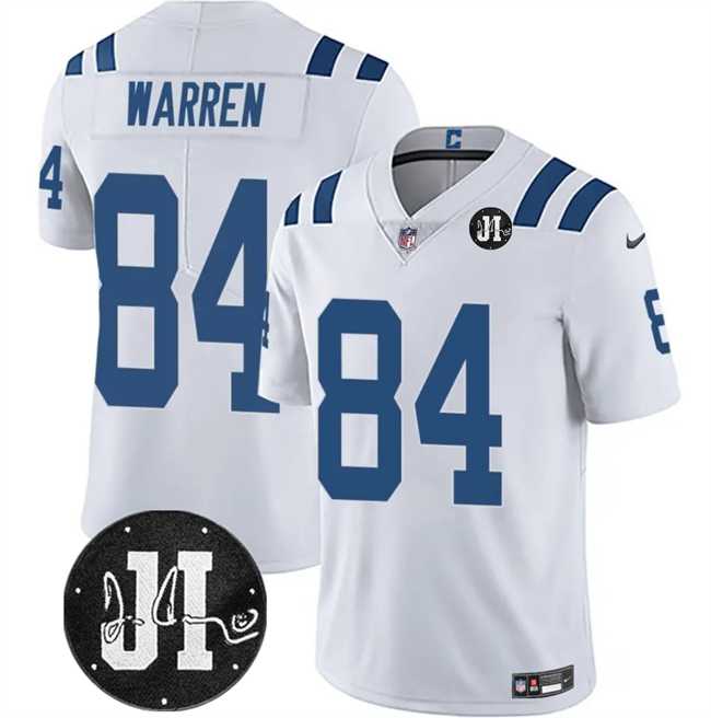 Men & Women & Youth Indianapolis Colts #84 Tyler Warren White Jim Irsay Patch Vapor Limited Stitched Jersey->new england patriots->NFL Jersey