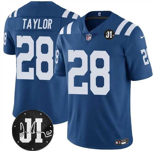 Men & Women & Youth Indianapolis Colts #28 Jonathan Taylor Blue Jim Irsay Patch Vapor Limited Stitched Jersey->indianapolis colts->NFL Jersey