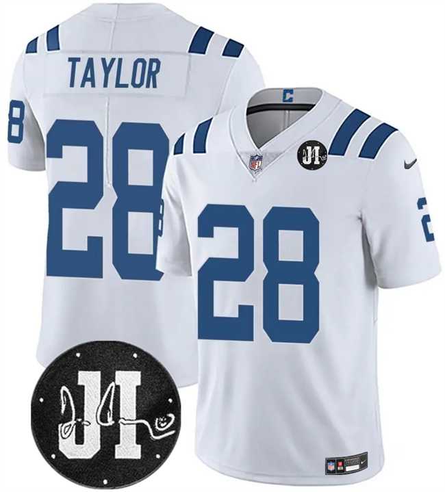 Men & Women & Youth Indianapolis Colts #28 Jonathan Taylor White Jim Irsay Patch Vapor Limited Stitched Jersey->indianapolis colts->NFL Jersey