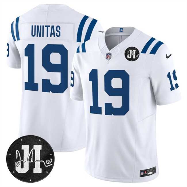 Mens Indianapolis Colts #19 Johnny Unitas White 2025 F.U.S.E. Jim Irsay Patch Vapor Limited Stitched Jersey Dzhi->indianapolis colts->NFL Jersey