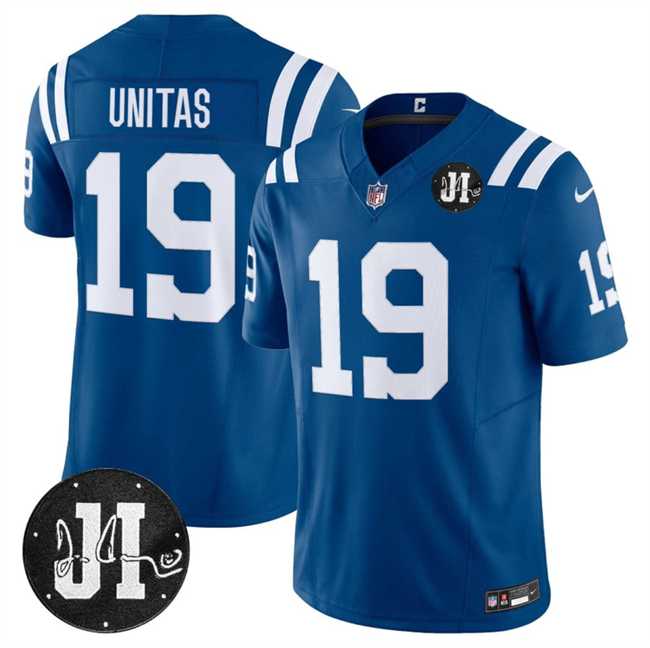 Mens Indianapolis Colts #19 Johnny Unitas Blue 2025 F.U.S.E. Jim Irsay Patch Vapor Limited Stitched Jersey Dzhi->indianapolis colts->NFL Jersey