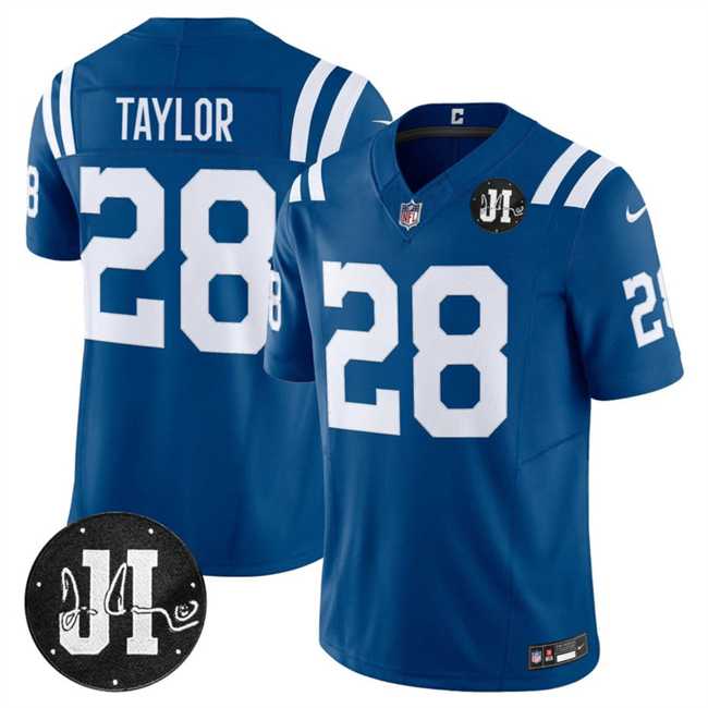 Mens Indianapolis Colts #28 Jonathan Taylor Blue 2025 F.U.S.E. Jim Irsay Patch Vapor Limited Stitched Jersey Dzhi->indianapolis colts->NFL Jersey
