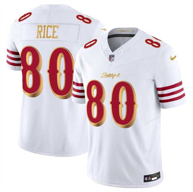 Mens San Francisco 49ers #80 Jerry Rice White Gold 2025 F.U.S.E. Rivalries Vapor Limited Stitched Jersey