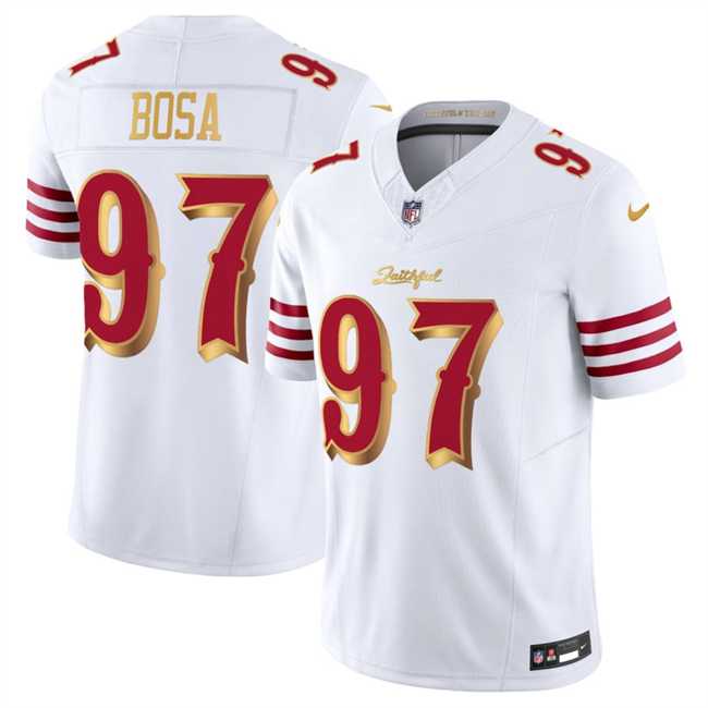 Mens San Francisco 49ers #97 Nick Bosa White Gold 2025 F.U.S.E. Rivalries Vapor Limited Stitched Jersey
