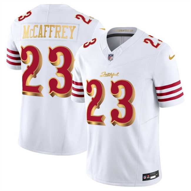 Mens San Francisco 49ers #23 Christian McCaffrey White Gold 2025 F.U.S.E. Rivalries Vapor Limited Stitched Jersey